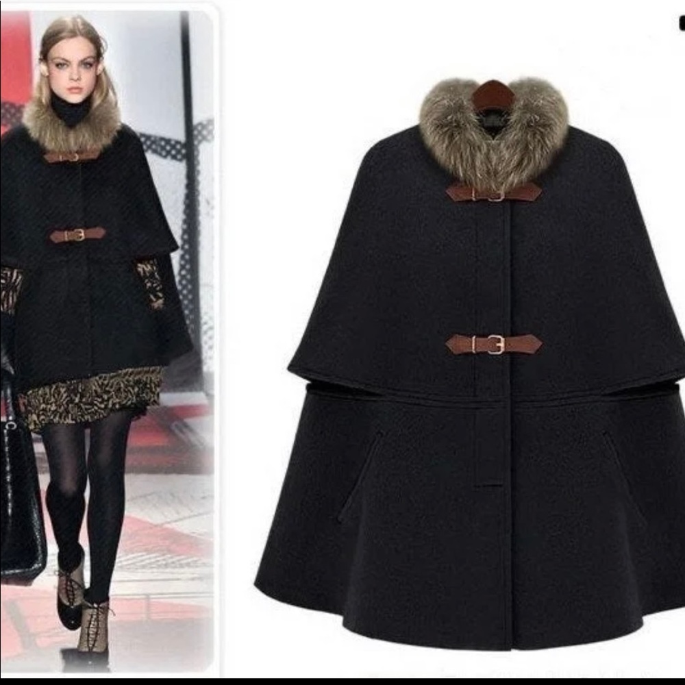 Faux Fur Collar Poncho Cape